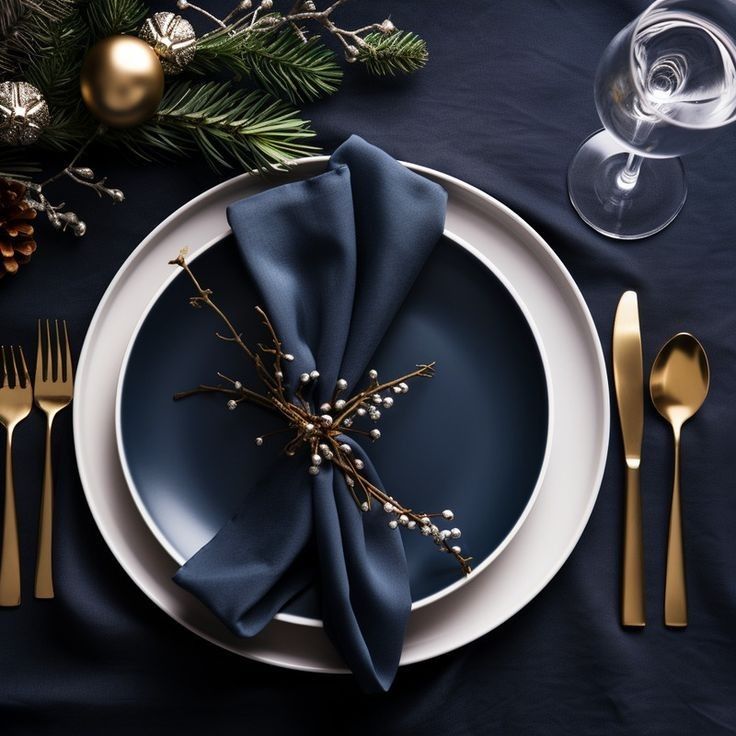 a place setting with blue napkins and gold forks, silverware and pine branches