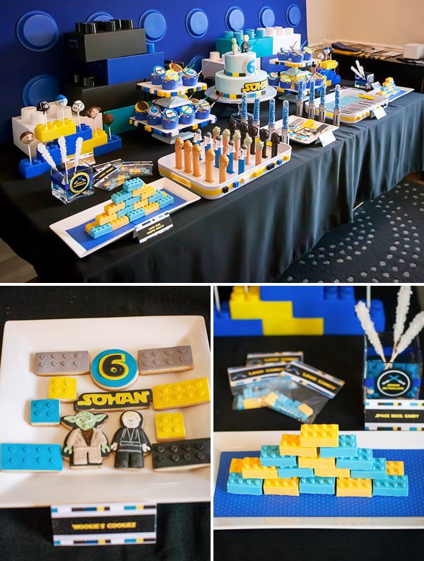 a lego themed birthday party with blue and yellow decorations, black tablecloths, and cake