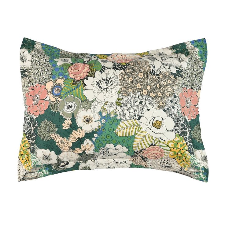 a green floral pillow with white and pink flowers on the front, sitting on a white background