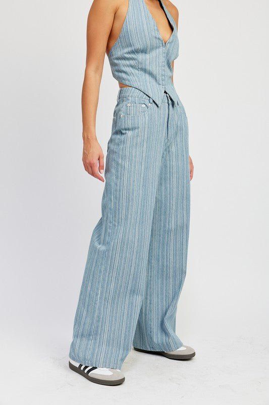 Part of our striped denim set. Denim mid rise wide leg pants. Wear with our matching Denim Top Recommended sizing 2-4 S, 6 M, 8-10 L MODEL WEARS SIZE SMALLMODEL'S HEIGHT 5'9 Fabric Contents: 100% COTTON Blue Striped Pants For Spring, Blue Vertical Stripes Pants For Spring, Pinstripe High-waisted Pants For Summer, Summer Pinstripe High-waisted Pants, Casual Pinstripe Wide Leg Bottoms, Casual Pinstripe Wide-leg Bottoms, Trendy Wide Leg Bottoms With Vertical Stripes, Trendy Pinstripe Wide Leg Bottoms, Blue High-waisted Pants With Vertical Stripes