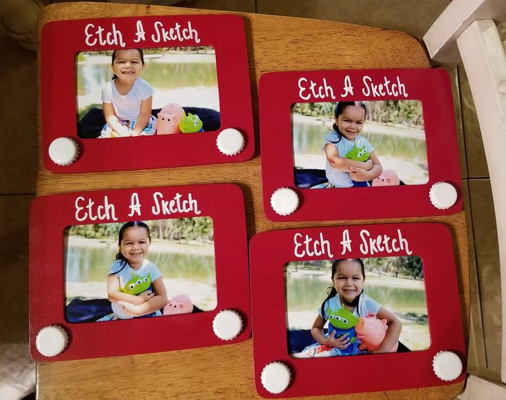 four red coasters with pictures of children on them and the words each a such