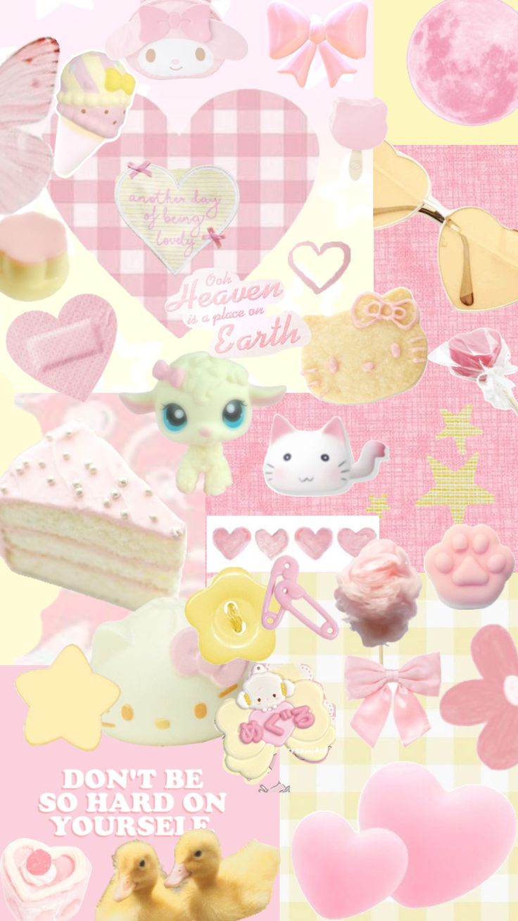 pink and yellow collage with lots of different things on it, including hearts, cake,