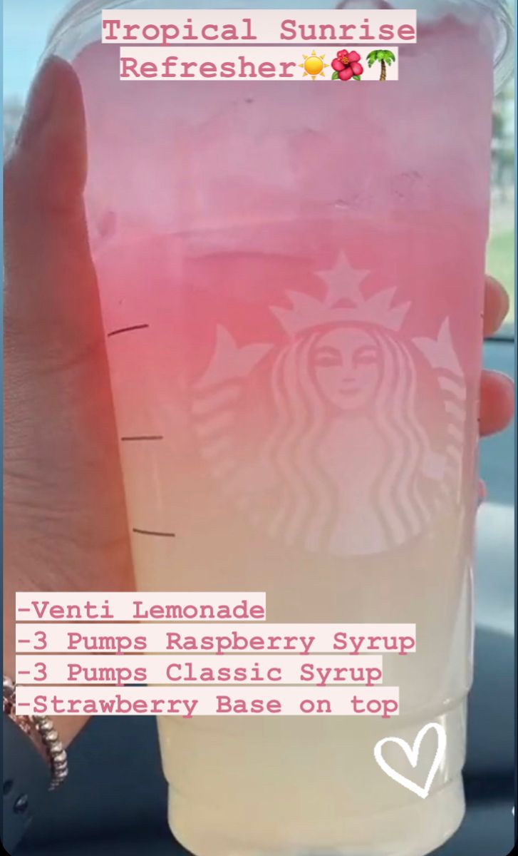 someone is holding up a pink drink in their hand with the words tropical sunrise refresher on it