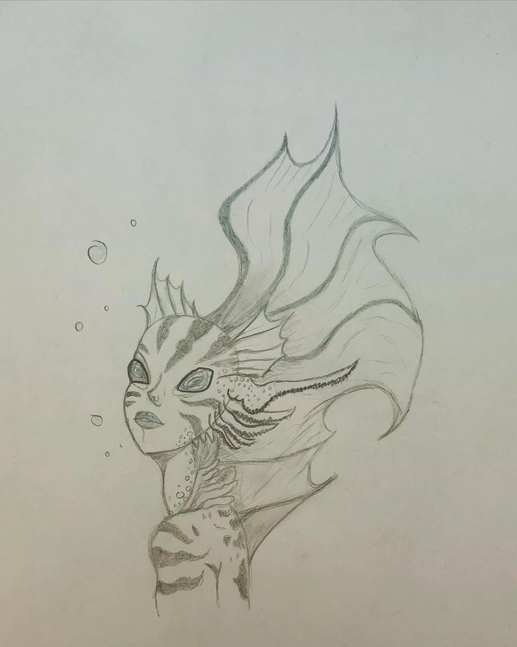 a pencil drawing of a dragon with its head turned to look like it is floating in the air