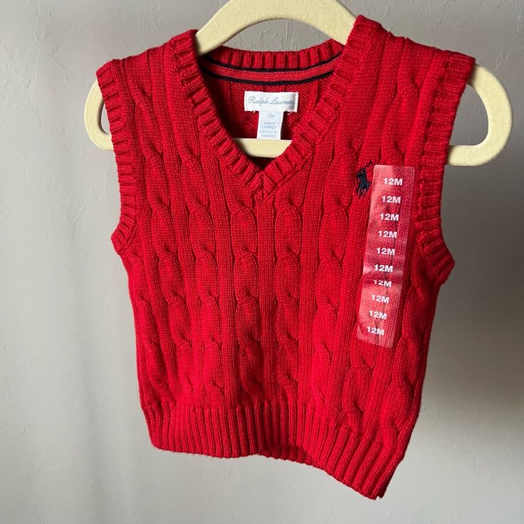 Nwt Ralph Lauren 12m Red Sweater Vest Red Cotton Sweater Vest For Fall, Ralph Lauren Cotton Winter Tops, Red Cotton Casual Sweater Vest, Casual Red Cotton Sweater Vest, Fitted Red Ralph Lauren Tops, Red Fitted Ralph Lauren Tops, Ralph Lauren Shirt, Red Sweaters, Sweater Vest