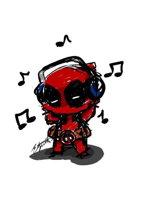 a drawing of a deadpool with headphones and music notes in the air above it