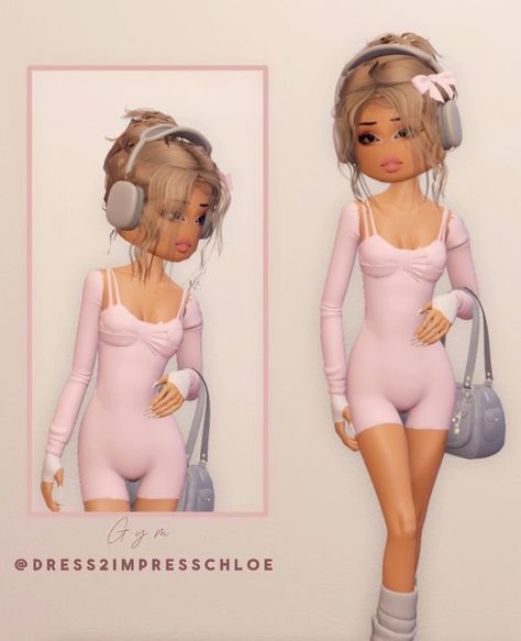 a girl with headphones is wearing a pink bodysuit and holding a handbag