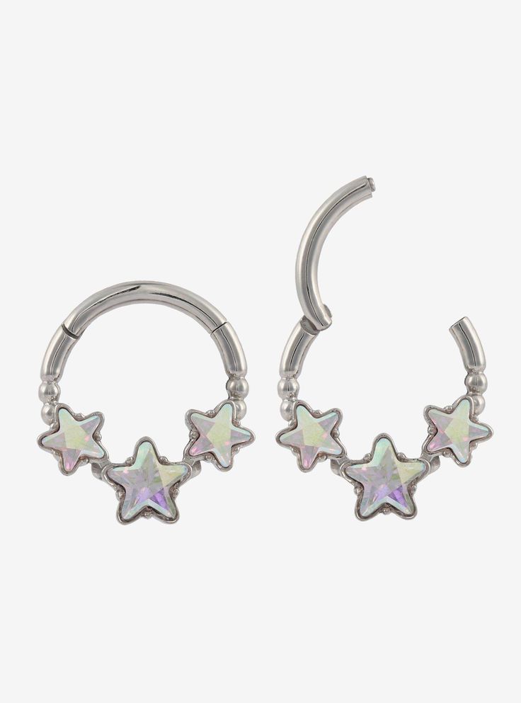 Set of 2 silver-tone hinged clickers with triple star gem designs. Jewelry care: Wash with antibacterial soap and warm water. Piercing care: Wash hands thoroughly  then clean piercing with H2Ocean (sold separately) or saline solution. Piercing Ideas Septum, Cute Septum Nose Rings, Nose Piercing And Septum Combo, Silver Helix Piercing, Septum Piercing Jewelry Silver, Cute Septum Jewelry, Star Septum Ring, Cute Jewelry Silver, Star Septum Piercing