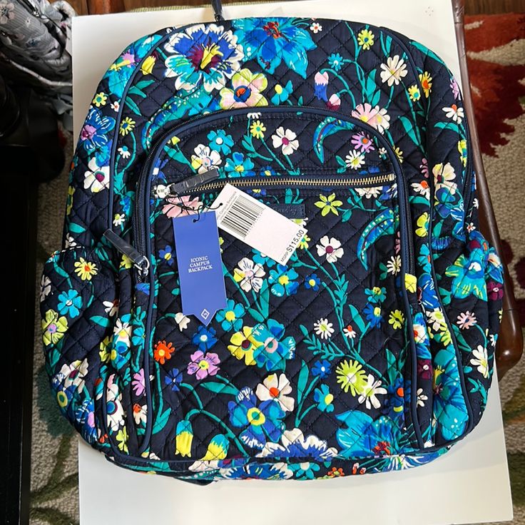 Iconic Campus Backpack In Moonlight Garden Blue Backpack For Daily Use In Spring, Blue Backpack For Everyday Use In Spring, Blue Spring Backpack, Blue Backpack For Spring, Blue Standard Backpack For Spring, Mickey Backpack, Moonlight Garden, Vera Bradley Backpack Campus, Navy Backpack