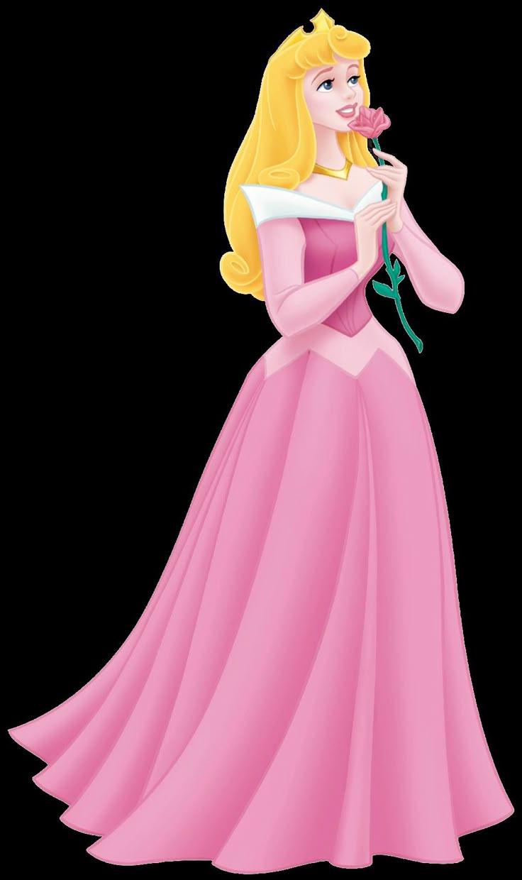 the princess in her pink dress is holding a rose and looking down at her face