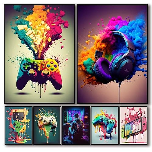 four different colored video game controllers with paint splatters all over them and on the wall