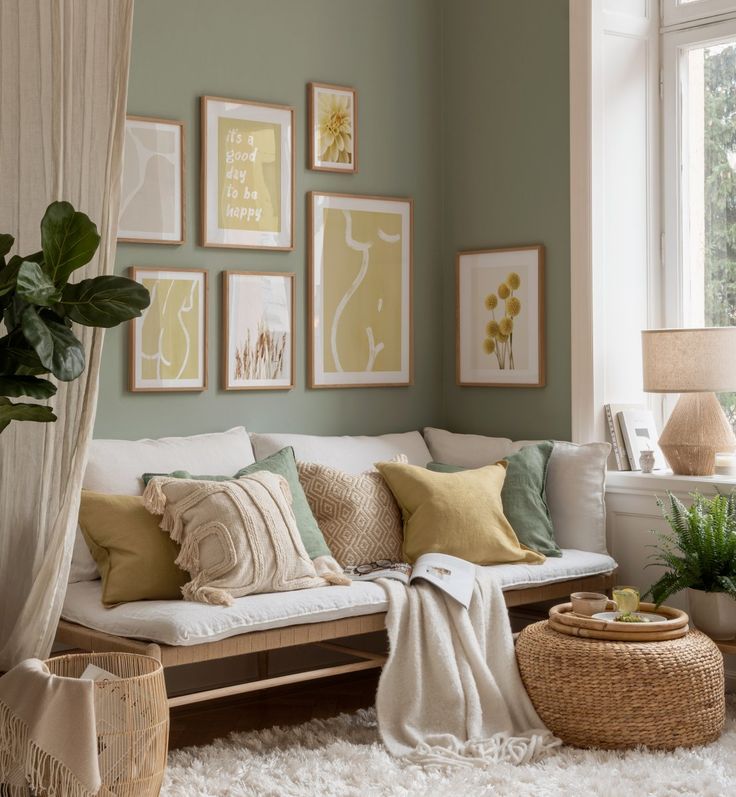 a living room filled with lots of furniture and pictures on the wall above it's windows