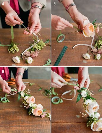 four pictures showing how to make a flower crown with ribbon and flowers on the stems