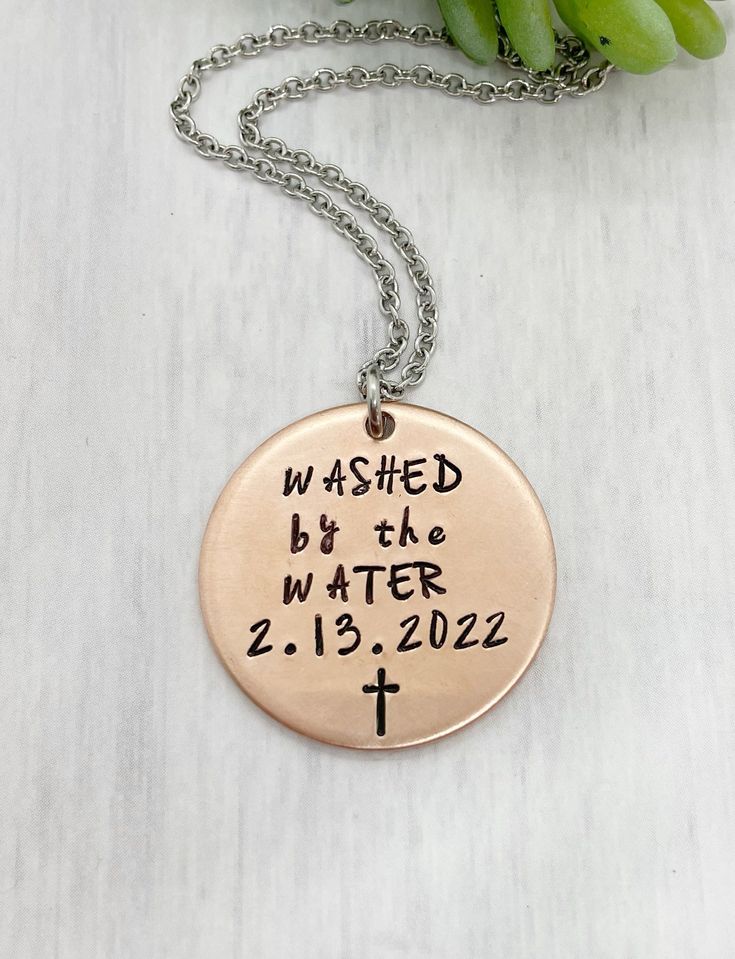 "Stamped with \"WASHED by the WATER\", it is a unique, meaningful and personalized baptism gift for adults and teens who decide to be baptized along with date and a cross stamp. This necklace makes simple yet meaningful for teens, adult, a Sunday School class, VBS giveaways or other church groups. Give these religious gifts to all your friends for an inspirational reminder. It comes with a nice gift box, it is ready for gifting or gift for self. Please leave date in \"note to seller\" box at che Personalized Spiritual Necklace For Baptism, Personalized Spiritual Jewelry For Baptism, Spiritual Personalized Necklace For Baptism, Baptism Necklace, Adult Baptism Gifts, Adult Baptism, Gift For Self, School Class, Baptism Gifts