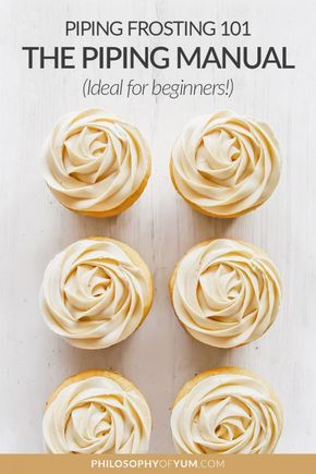 four cupcakes with frosting on top and the title piping manual below