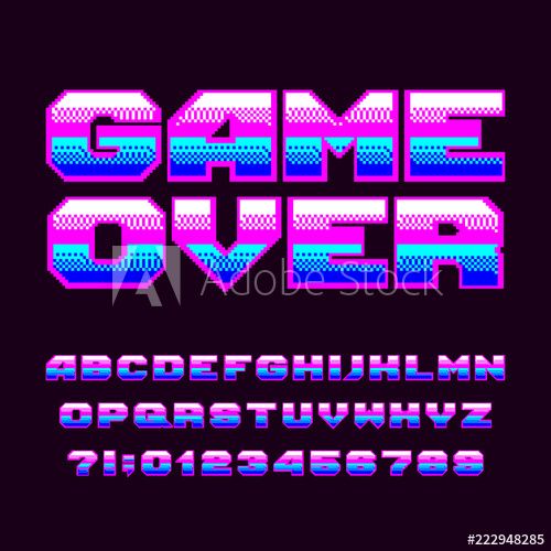 an old school computer font and numerals game over with pixel effect on black background