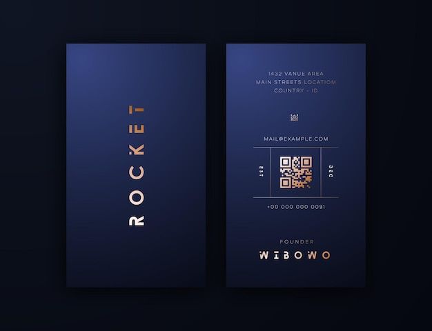 the front and back of a business card on a dark background with gold foil lettering