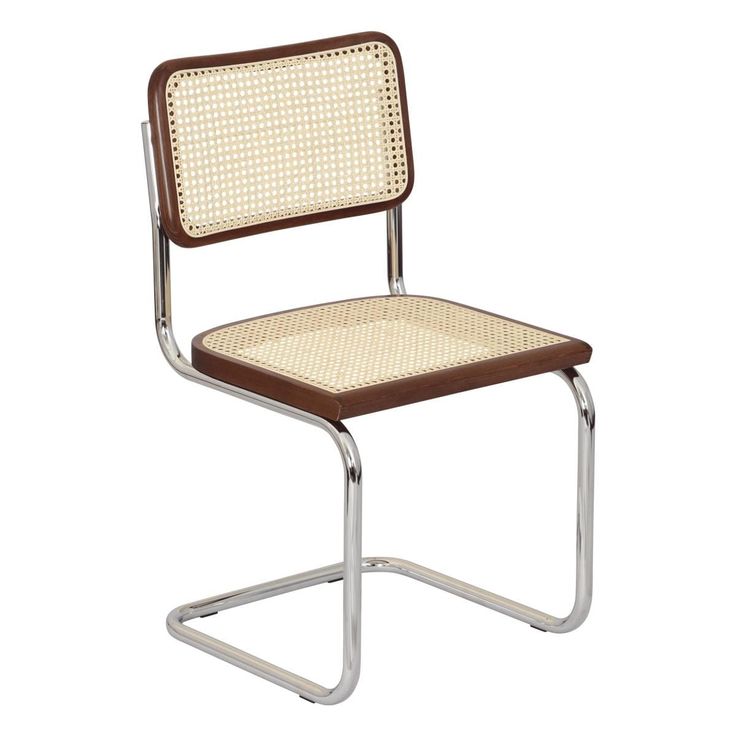 a brown and white chair with a metal frame on the back, in front of a white background