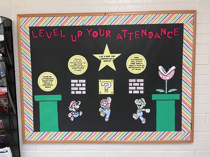 a bulletin board with an image of mario and luigi in front of the words level up your attendance