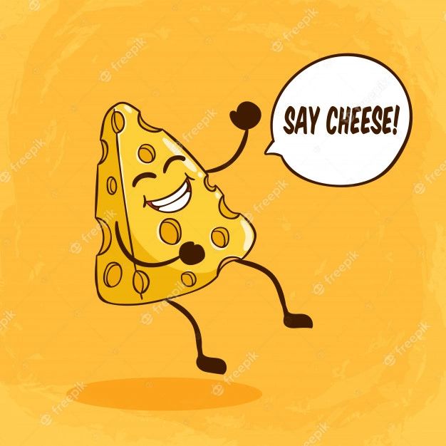 a piece of cheese with arms and legs is holding a speech bubble that says say cheese