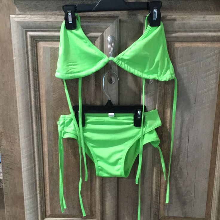 New Without Tags Lime Green Color String Bikini Set Green Summer Tankini For Party, Green Summer Party Tankini, Summer Party Green Tankini, Spring Party Tankini With Triangle Top, Green Swimwear For Spring Party, Green Fitted Tankini For Party, Spring Party Green Swimwear, Green Spring Party Swimwear, Green Triangle Top Tankini For Summer