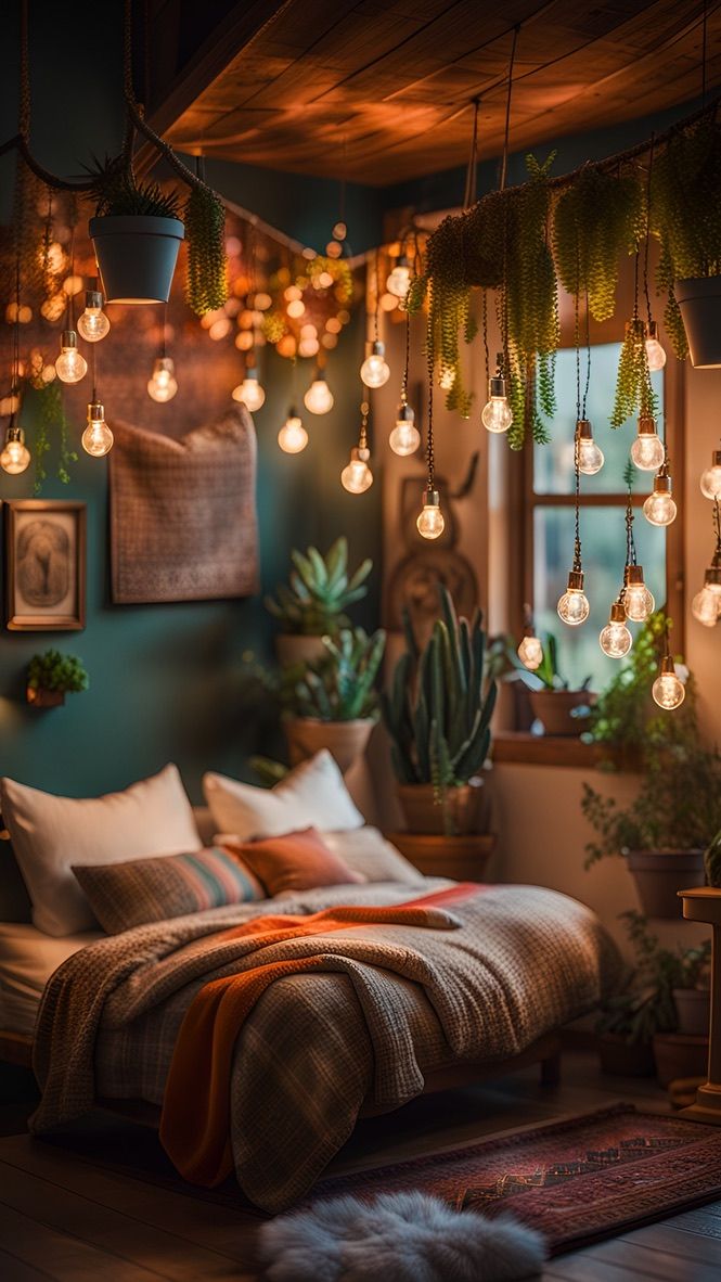 a bedroom with lights hanging from the ceiling