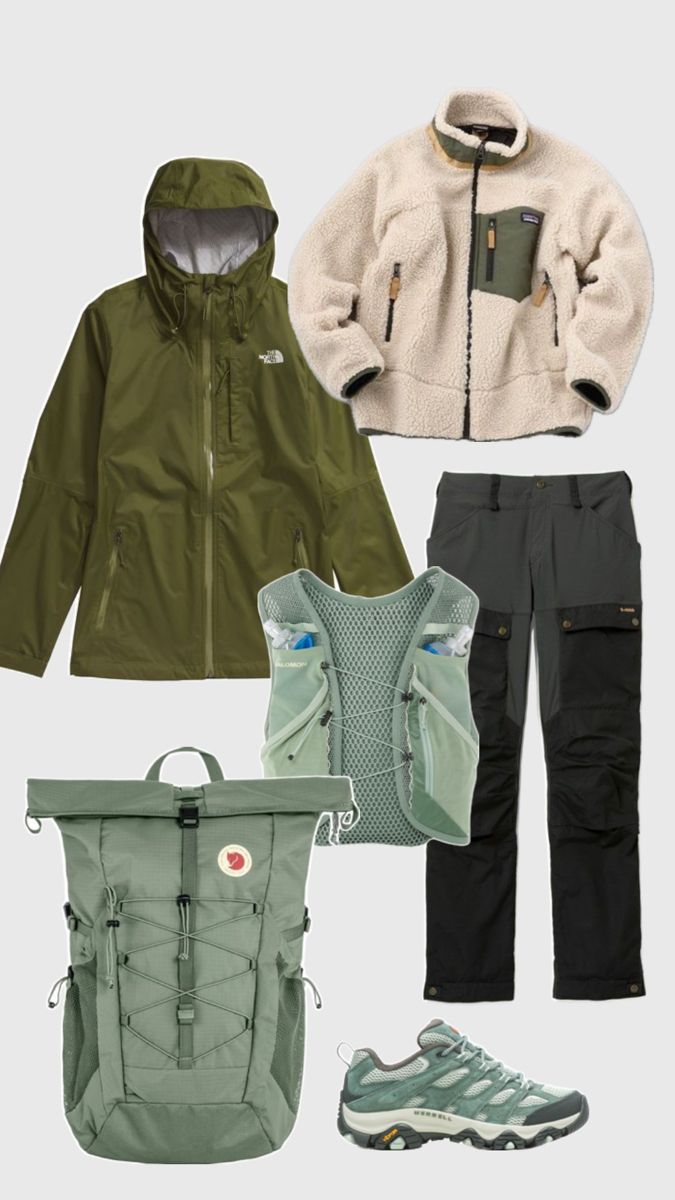 an assortment of clothing and accessories including a jacket, backpack, hiking boots, and water bottle