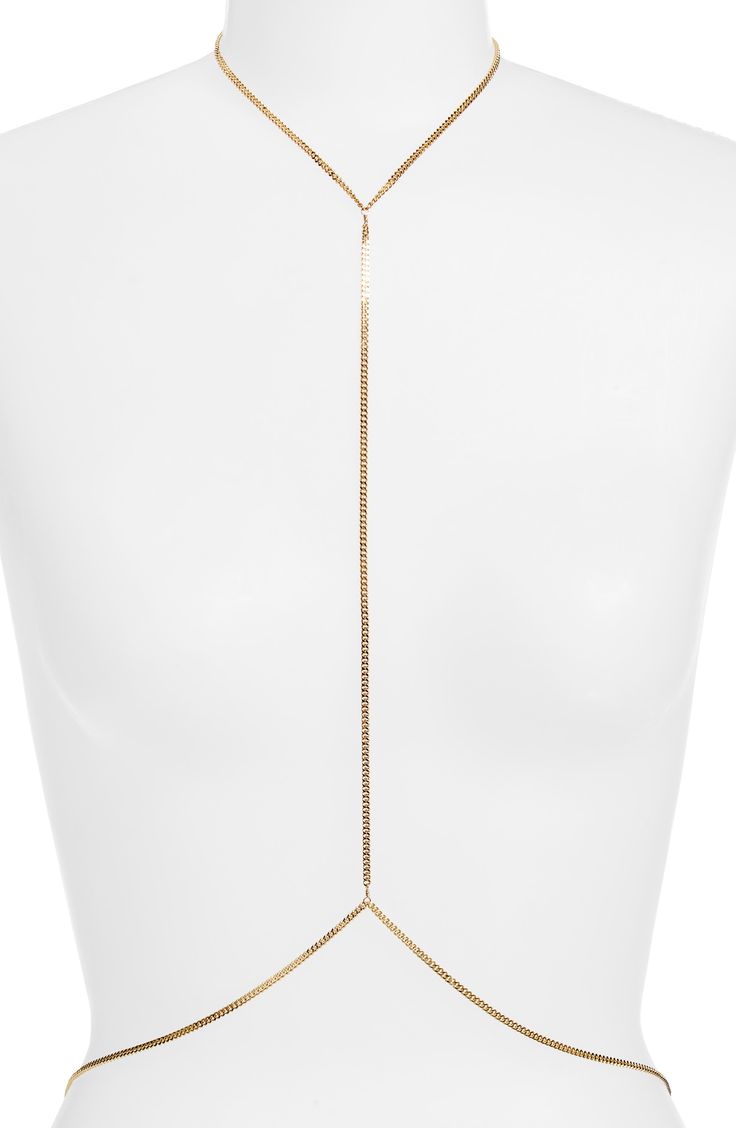 Completely wrap yourself in shine with this sleek body chain. 18k-gold plate Made in the USA of imported materials Gold Lariat Body Jewelry As Gift, Gold Metal Body Chain, Adjustable Gold Body Chain With Chain Strap, Gold Body Chain With Chain Strap, Gold Delicate Chain Body Jewelry For Party, Elegant Gold Body Chain With Chain Strap, Minimalist Gold Body Chain, Adjustable Delicate Gold Body Chain, Gold Clavicle Chain Body Jewelry As Gift