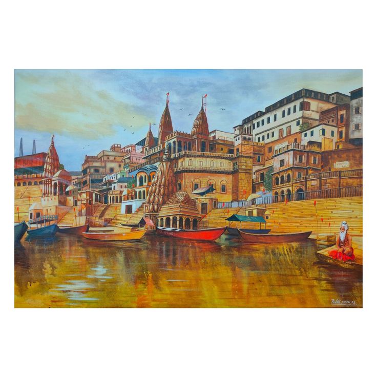 a painting of boats in the water with buildings on either side and people standing near them