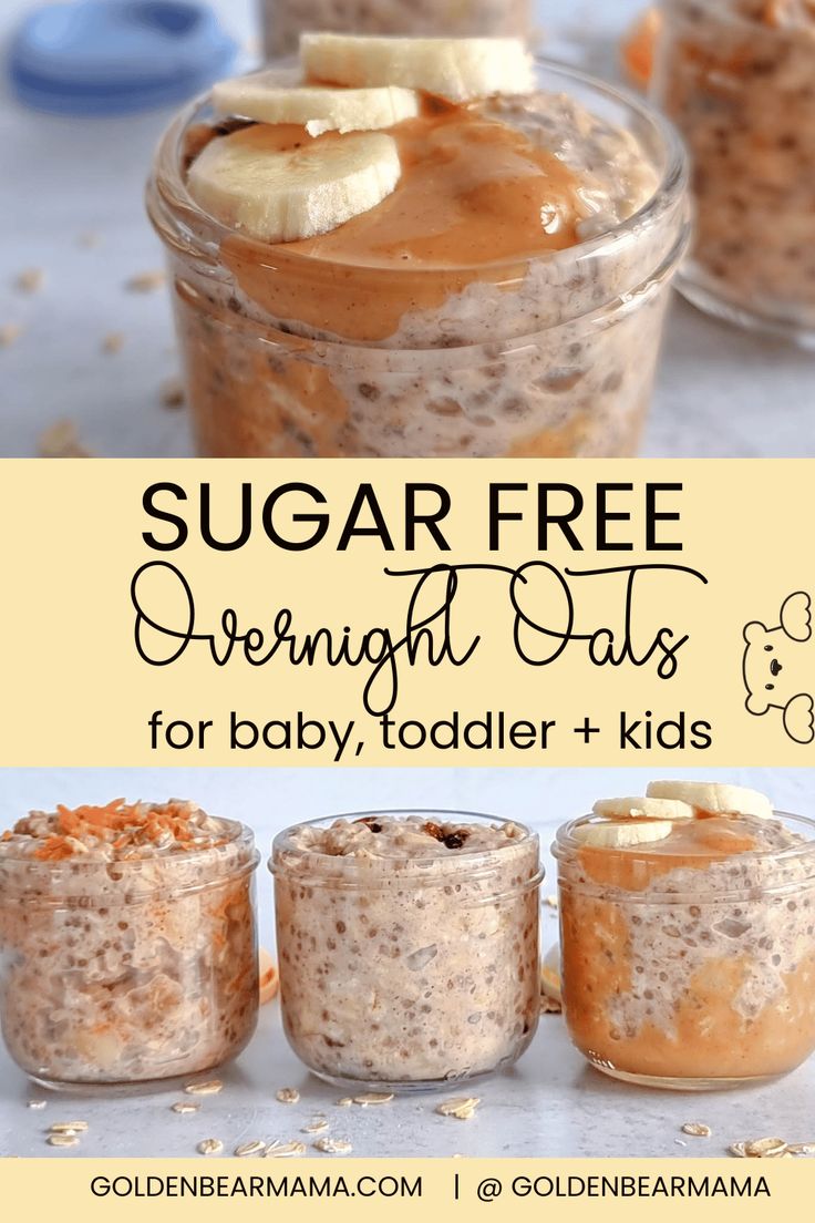 three jars filled with overnight oatmeal for baby, toddler and kids