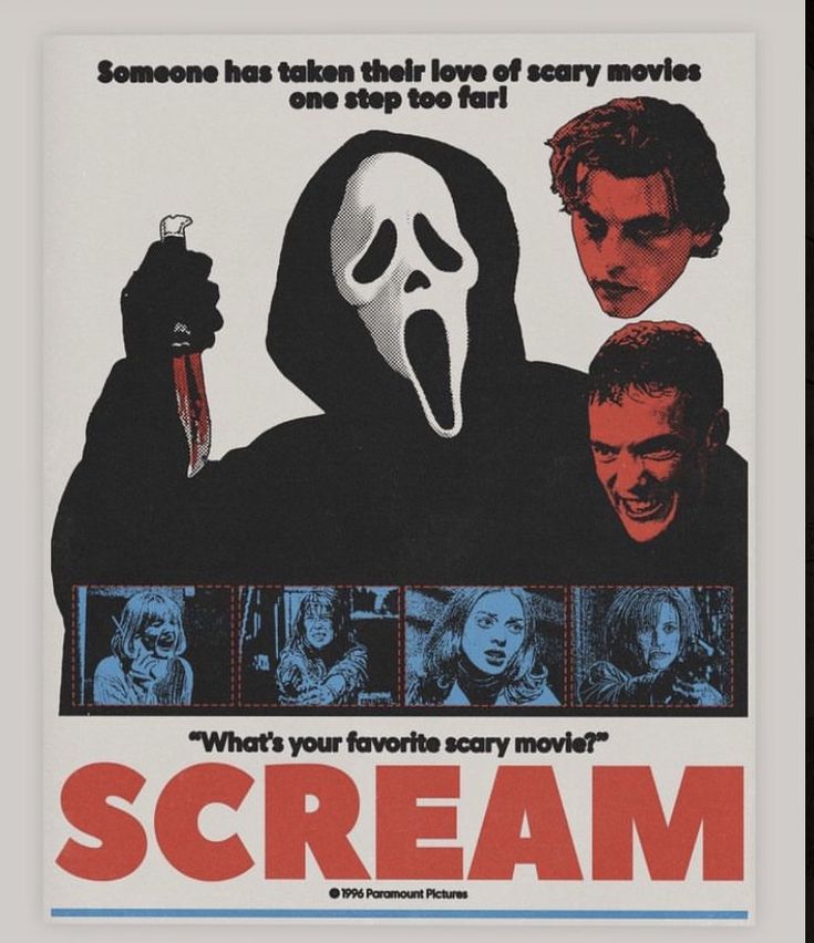 a movie poster for scream starring actors from the film's title sequence, which is written in english