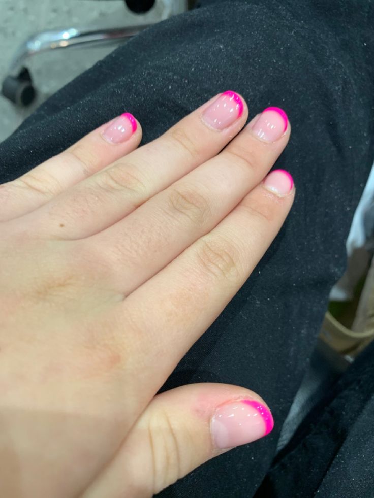 Pink French Tip Gel Nails Short, Hot Pink French Tip Nails Square Short, Preppy Pink French Tip Nails, Shellac French Tip, Preppy Nails Hot Pink French Tip, Short Nails Shellac, Light Pink And Hot Pink French Tips, Really Short Nails, Pink Shellac