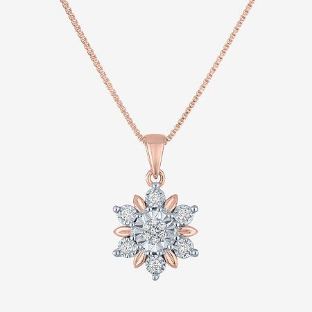 This exquisite Diamond Blossom pendant necklace pairs 14K rose gold over sterling silver with 13 Lab-Grown diamonds. Its spring ring clasp ensures the piece stays secure. A delicate, versatile piece perfect for layering or wearing solo.Features: Quick ShipDiamond Clarity: Si2-I1Jewelry Closure: Spring Ring ClaspSetting: Multi-SettingStone Cut: RoundDiamond Color: G-HChain Length: 18 InchPendant Length: 12.4mmPendant Width: 10.8mmRounded Carat Weight: 1/10 Ct. T.w.Chain Construction: BoxCare: Wip Halo Necklace, Pendant Diamond, Fashion Pendant, Buying Diamonds, Gold Jewelry Fashion, Round Pendant, Silver Pendant Necklace, Spring Rings, White Diamond