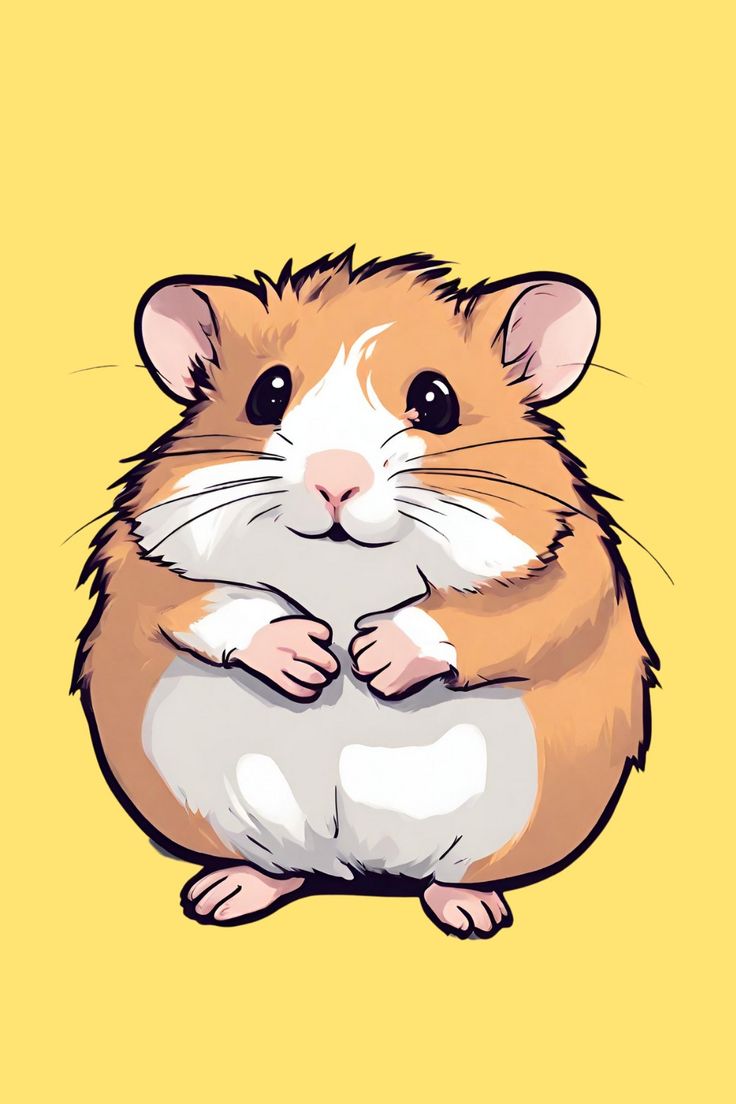 a brown and white hamster sitting on top of a yellow background with its paws crossed