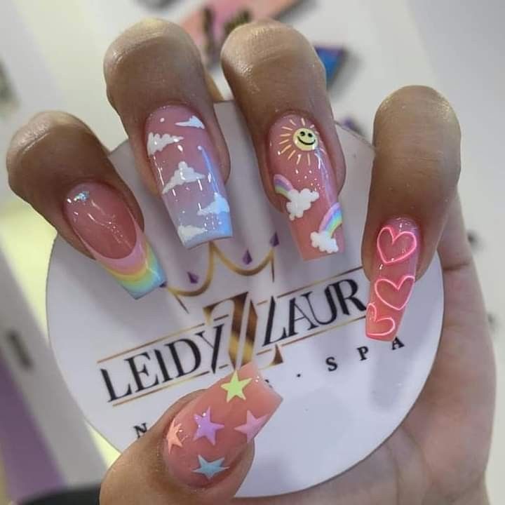 Hippie Nails, Cute Simple Nails, Girly Acrylic Nails, Glow Nails, Dope Nail Designs, Nails Spa, Nails For Kids, Unique Acrylic Nails, Kawaii Nails