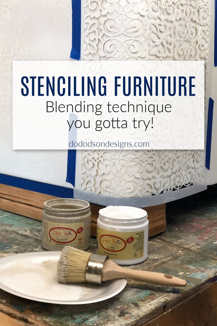 a white plate with paint and a brush on it next to a sign that says, stenciling furniture blending technique you gota try