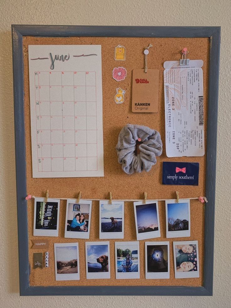 a bulletin board with pictures and magnets attached to the cork notice board is shown