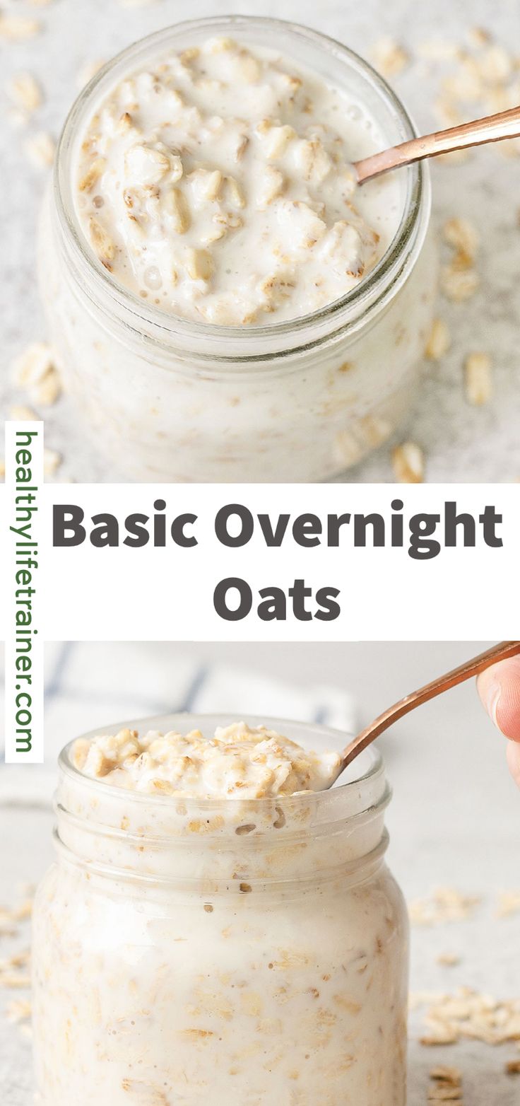 oatmeal in a jar with spoon and text overlay that reads basic overnight oats