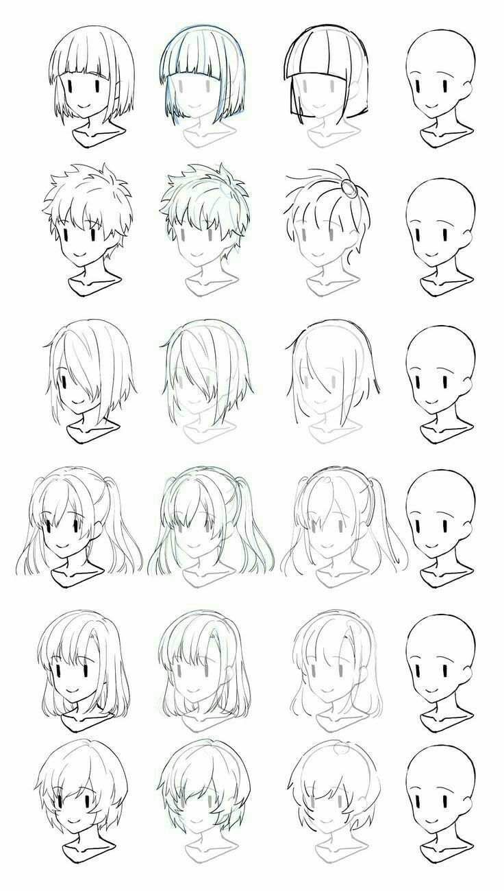 the various faces and hair styles of anime characters, drawn in pencil on white paper