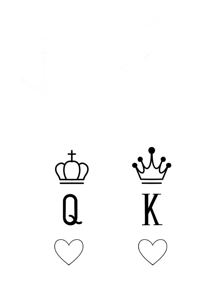 two crowns with hearts and the letter qk in black ink on a white background