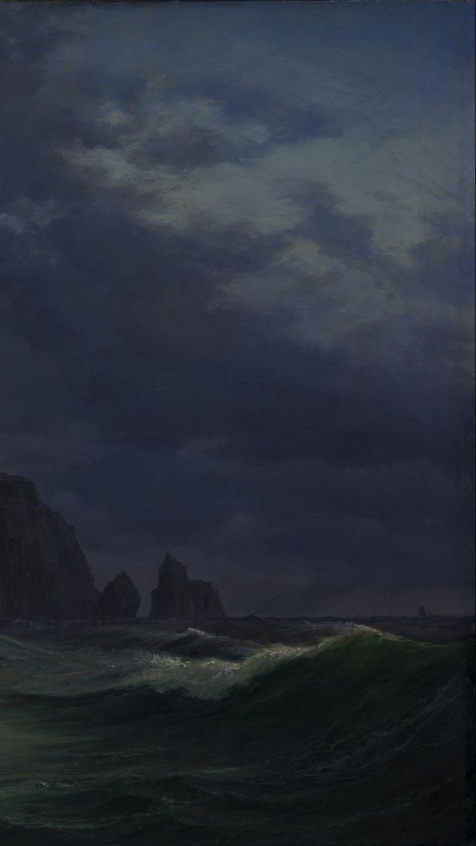 an oil painting of a lighthouse in the ocean at night with dark clouds above it