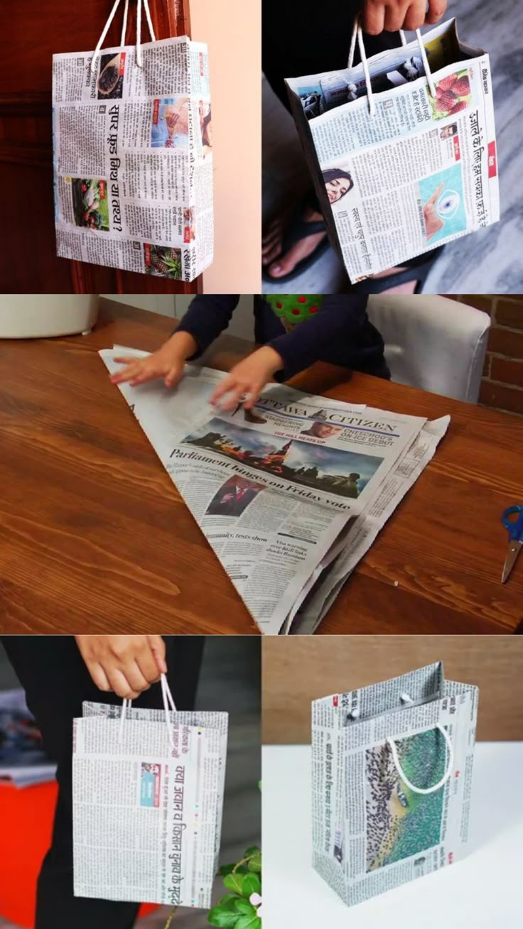 four different images of newspaper bags hanging from the ceiling, with one being held up by someone's hand