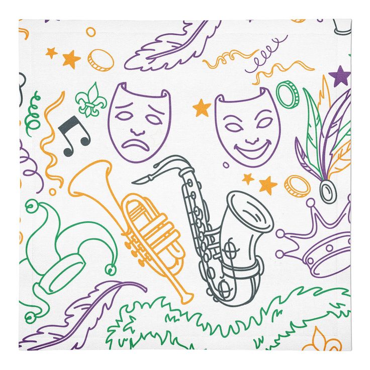 a white napkin with colorful masks and musical instruments on the front, in various colors