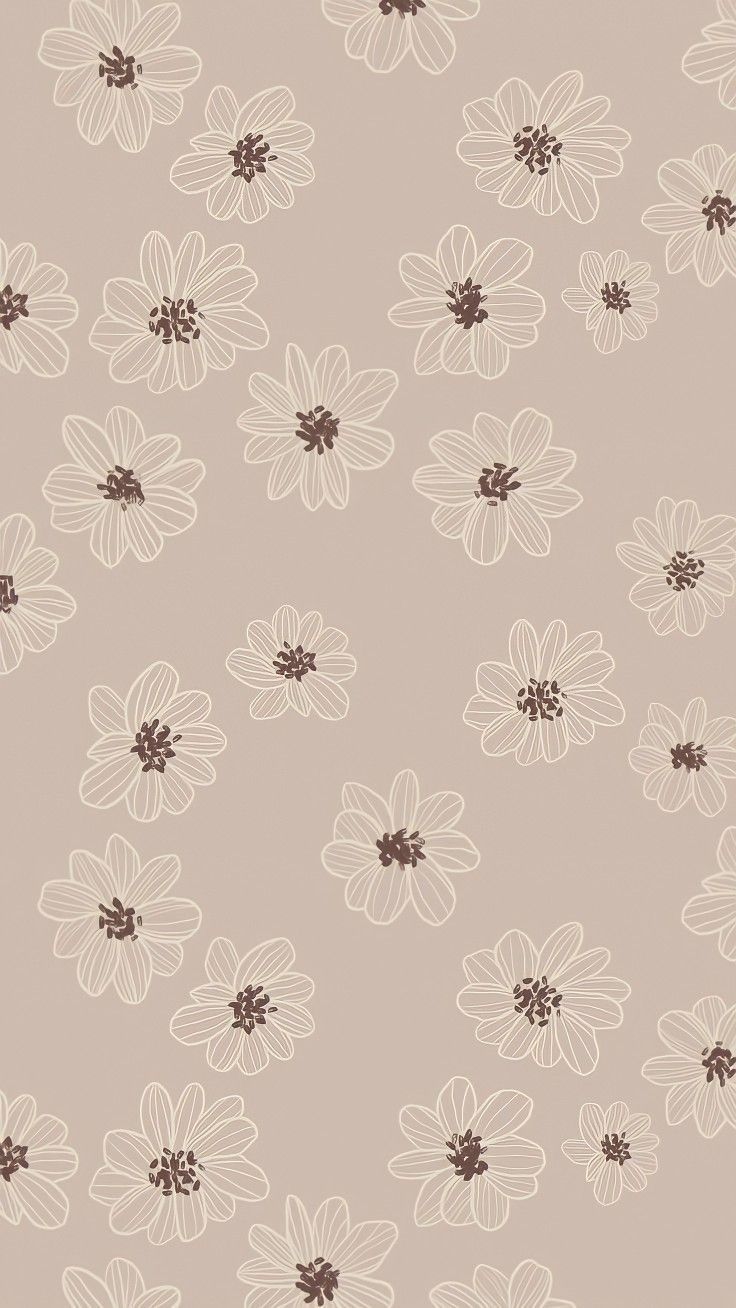 an abstract floral pattern with brown and white flowers on a light gray background, suitable for wallpaper or fabric