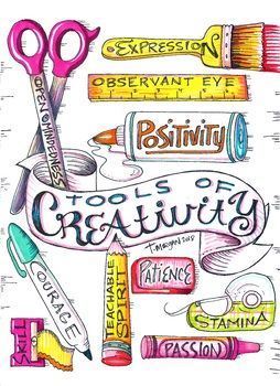 the words creativity are written in different colors and sizes with scissors, crayons, markers, pens, and pencils