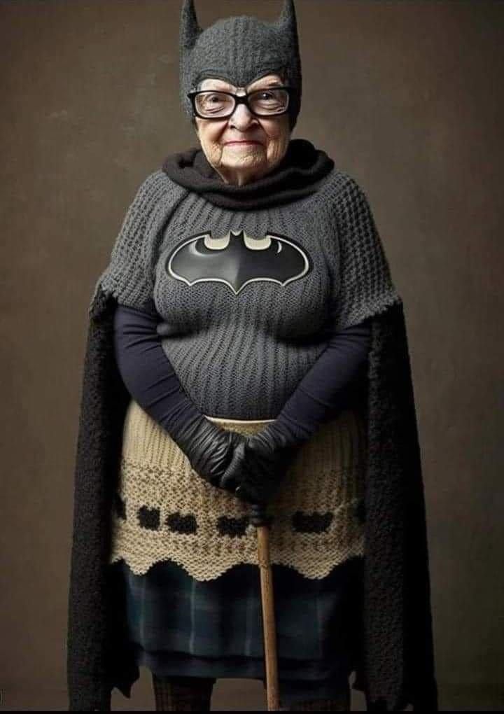 an old woman dressed in batman costume and holding a cane