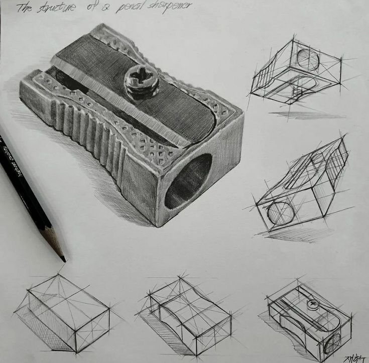 pencil drawing of various types of objects and their perspective on the subject, including an object