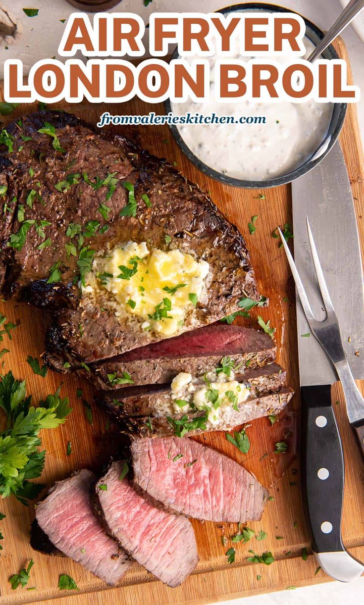 the steak is cut up and ready to be served on the cutting board with parsley