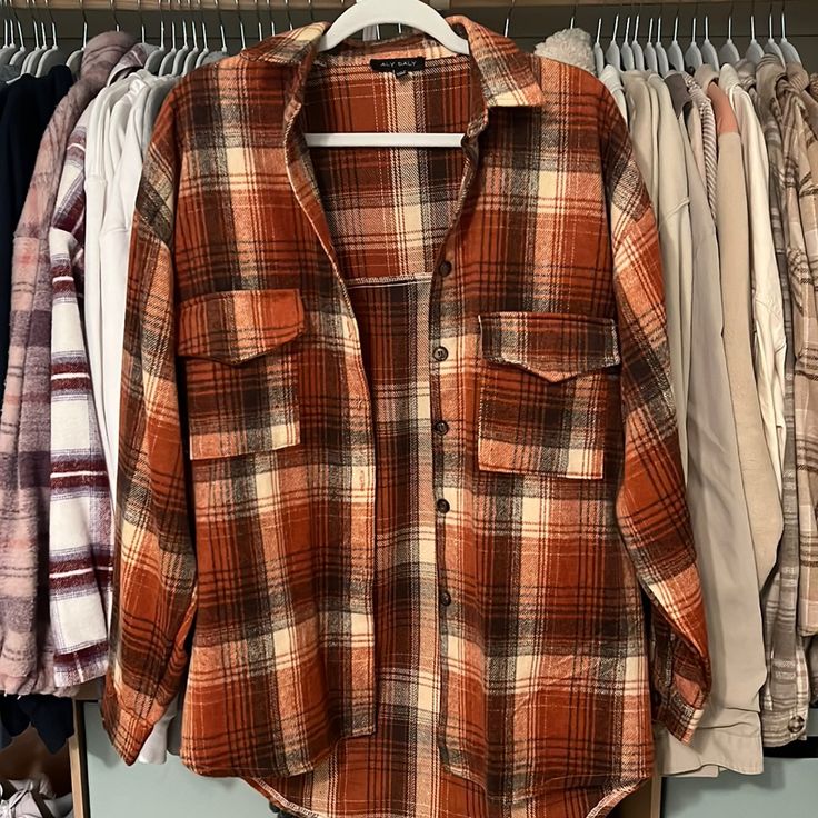 Brand New Flannel Never Worn Just Took Tag Off Autumn Flannel, Casual Orange Flannel Shirt For Fall, Cute Flannels, Orange Flannel, Flannel Shirts, Flannel Over Hoodie, Brown Flannel, Fall Flannel, Flannel Outfits