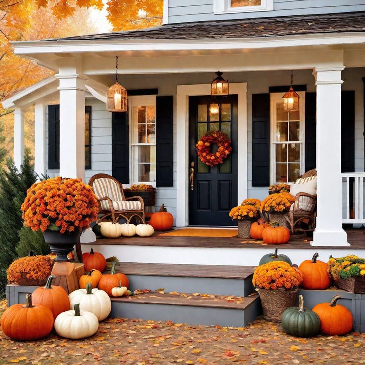 front porch decorated for fall with pumpkins and mumbers